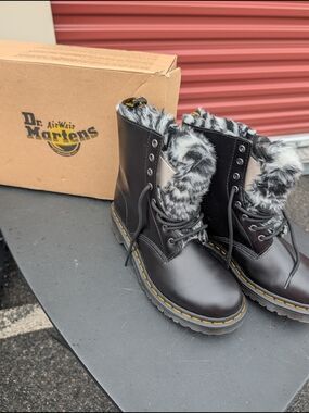 Dr. Martens Black and Gray Faux Fur Lined Boots